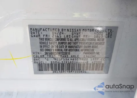 2024 Nissan Sentra Sv Xtronic Cvt из США, поврежденный, VIN 3N1AB8CV8RY333816